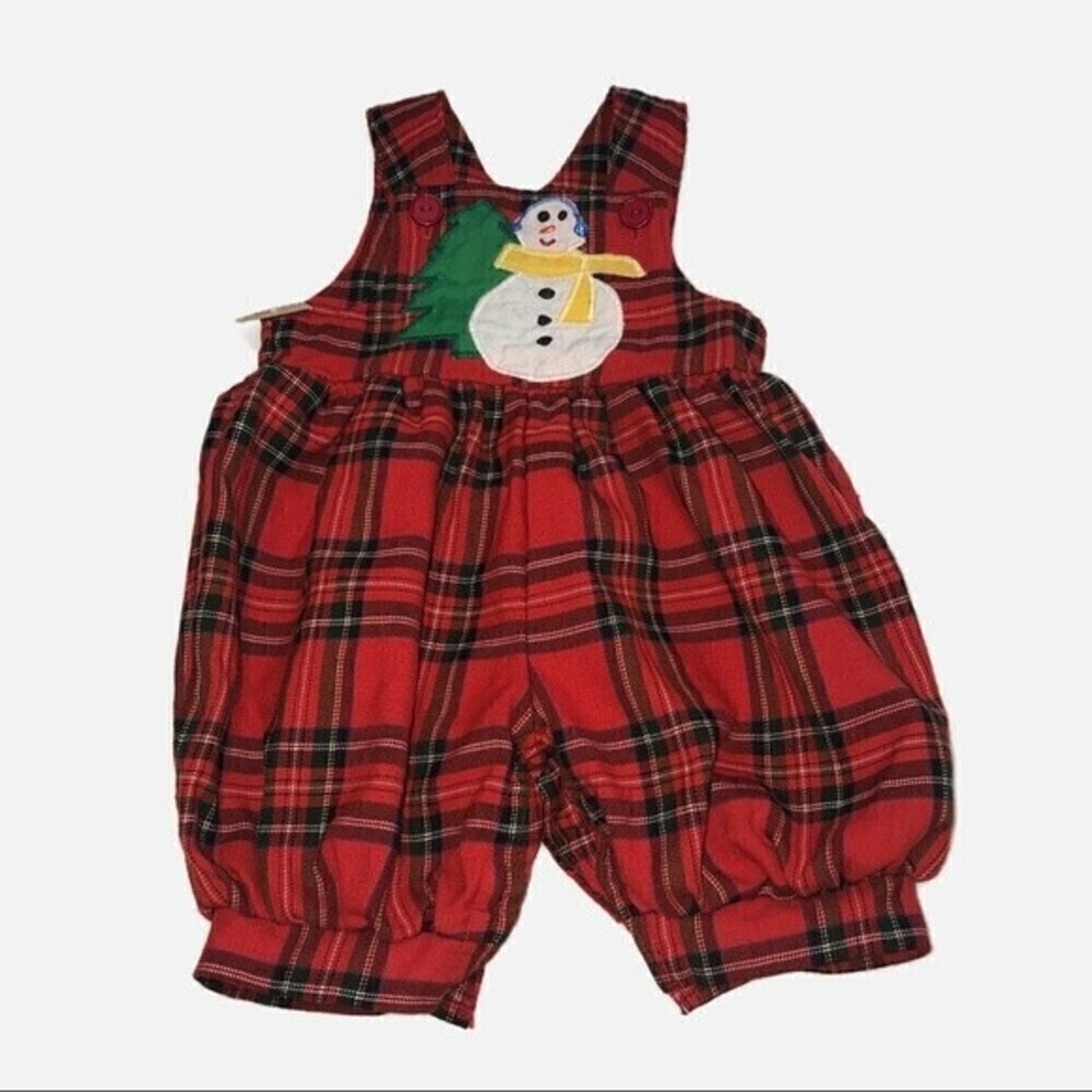 Baby Christmas Overalls Snowman Red Plaid